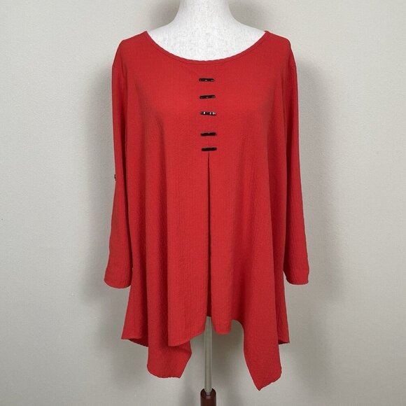 Ali Miles Tunic Top Women 1X Asymmetrical Artsy Crinkle Textured Long Sleeve Red - Picture 2 of 16